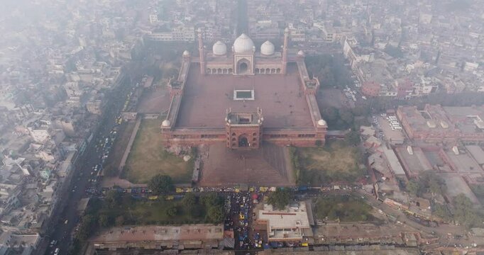 Aerial view of Jama Masjid mosque in urban landscape, India.