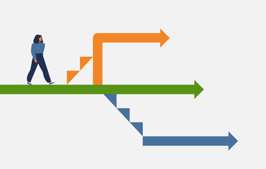 Woman and personal career paths. Female finding route for achievement business target. Person makes to decision for success, discovering new opportunity. Vector illustration