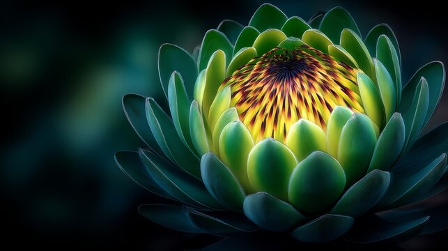 Close up of a green flower with yellow spots. The flower is surrounded by a dark background