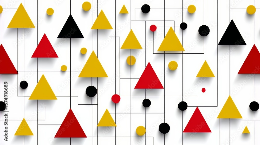 Poster colorful pattern of triangles and circles. the triangles are red, yellow, and black. the pattern is 