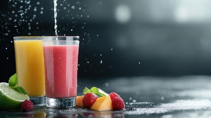Two colorful fruit smoothies, with splashes of liquid, and fresh fruit