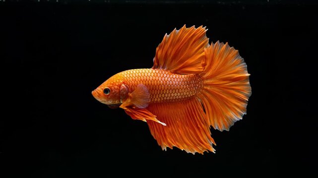A stunning vibrant orange Betta fish with flowing fins swimming against a solid black background. - Powered by Adobe