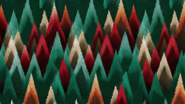 Colorful mountain scene with green, red, and brown trees. The colors are vibrant and the trees are arranged in a way that creates a sense of depth and movement. Scene is lively and energetic