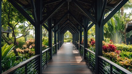 A wooden walkway tunnel leads through lush, vibrant foliage into a sunny clearing