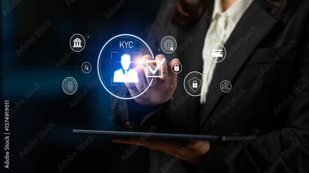Poster digital kyc verification with biometric scan, id authentication, and financial security icons repres