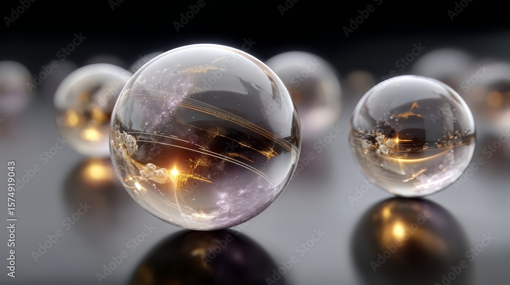 Poster group of glass spheres are reflected in a dark background. the spheres are all different sizes and a