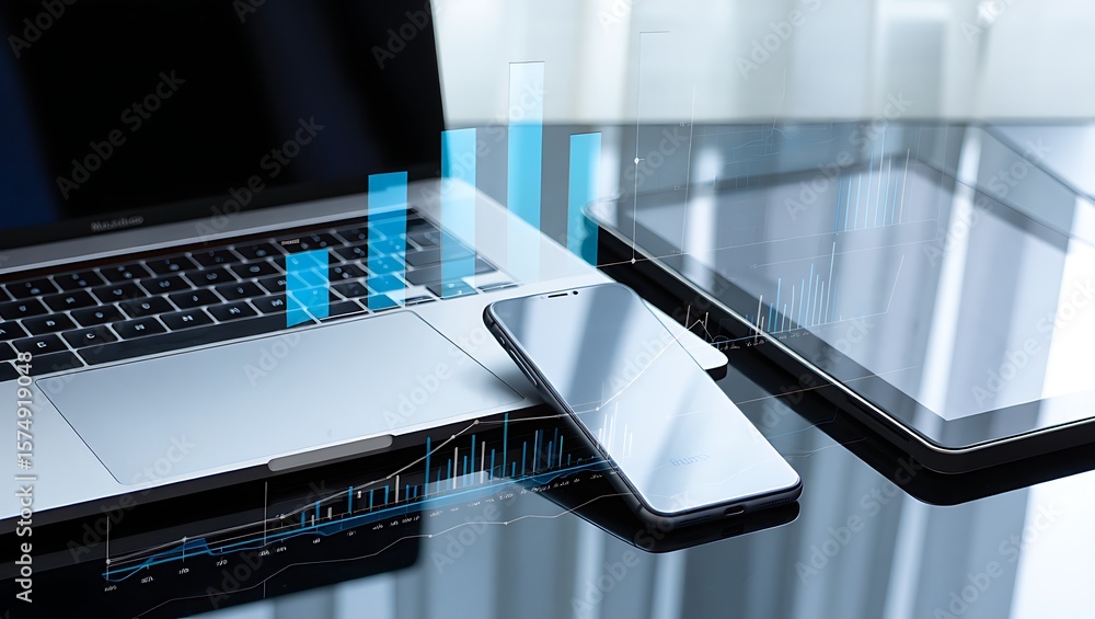 Poster modern business technology with holographic financial charts displayed over a laptop smartphone and 