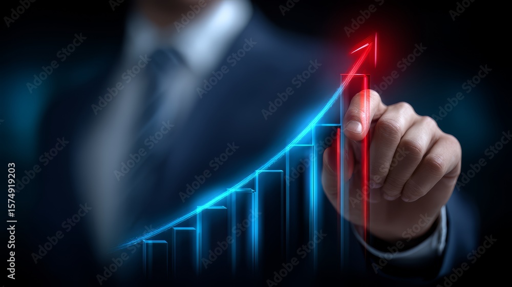 Poster man in a suit is drawing a graph with a red and blue line that is pointing upwards