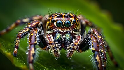 Fototapeta premium Closeup macro shot of a jumping spider with water droplets on a green leaf detail