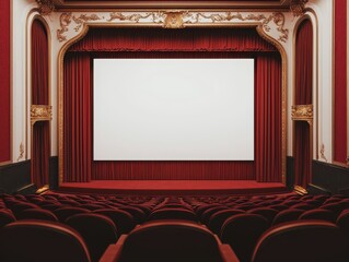 Fototapeta premium Empty vintage movie theater with red velvet seats, ornate gold trim, and a large blank screen framed by luxurious red curtains.
