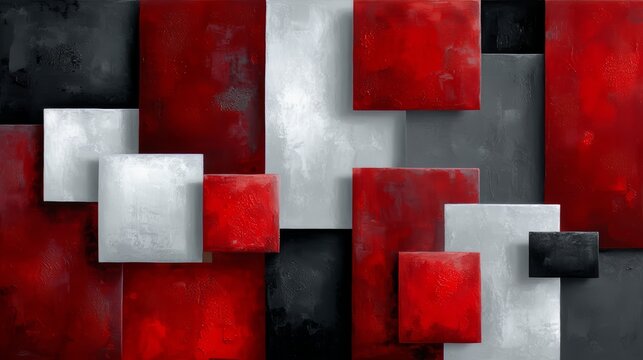 Painting of red and white squares with a black border. The painting is abstract and has a bold, modern feel to it