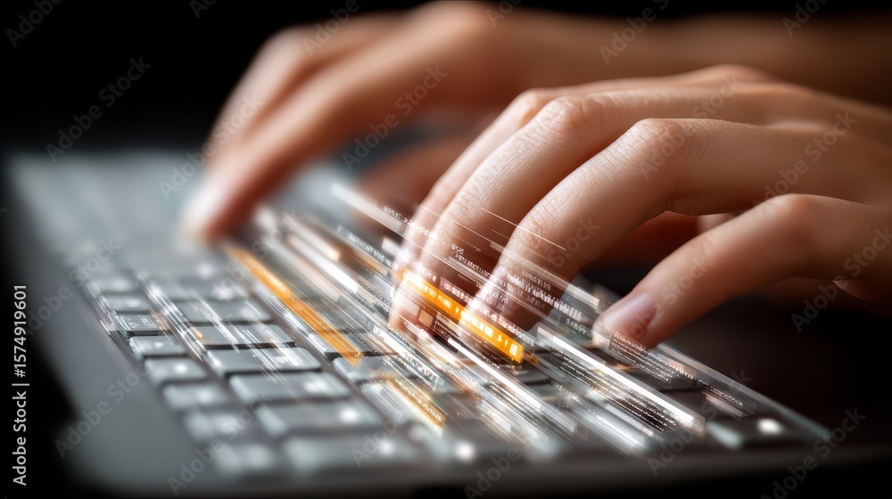 Poster person is typing on a keyboard with a yellow key. concept of urgency and focus as the person types