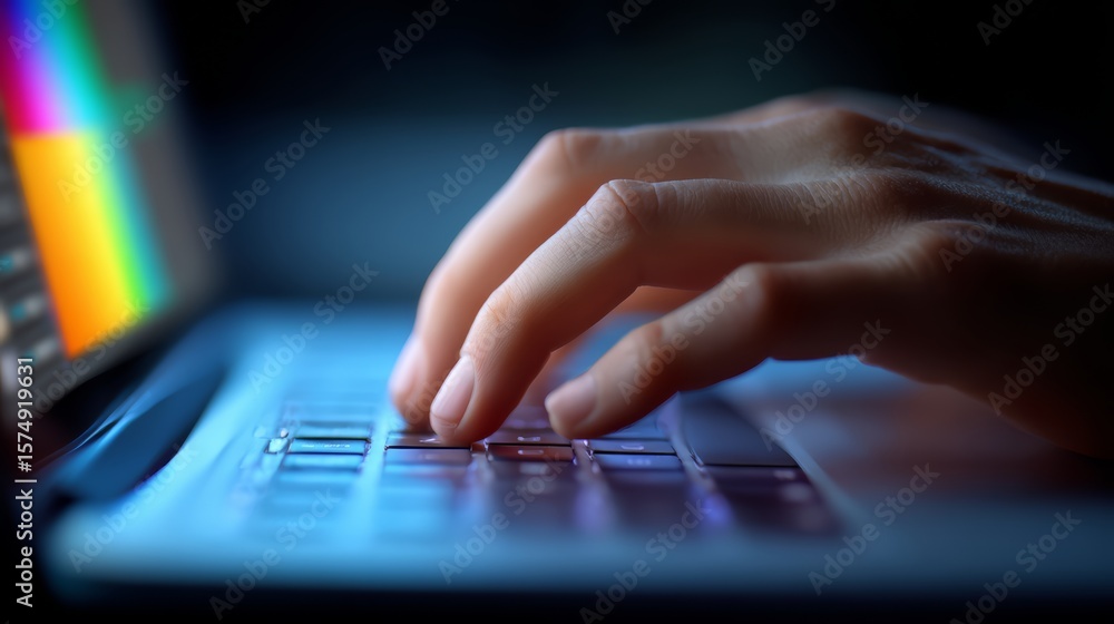 Poster person is typing on a laptop with a rainbow on the screen. the rainbow is in the background and the 