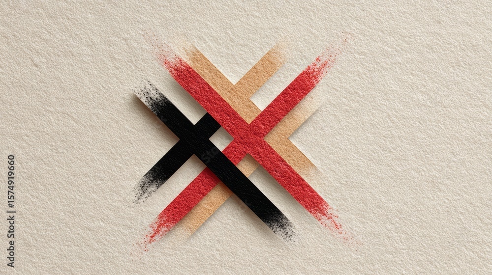 Aufkleber piece of paper with a cross made of lines and a red and black color scheme. the cross is made of dif