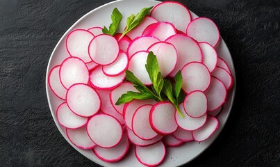 Fresh, vibrant radish slices arranged beautifully on a white plate for a healthy meal or salad