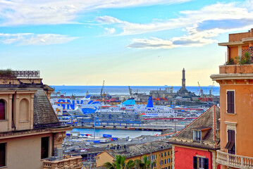 Fototapeta premium urban panorama of the historic center and the port Genoa Italy