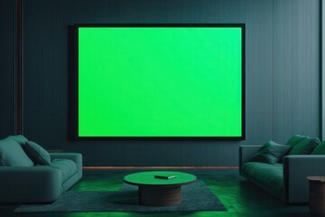 Modern living room with two sofas, a round coffee table, textured walls, and a large blank green screen mounted on the wall.
