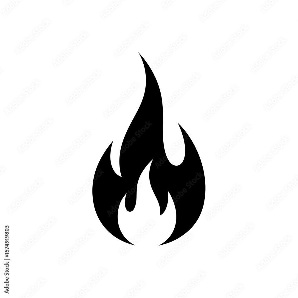 Poster illustration of a stylized flame with pointed tips and a fluid, dynamic shape in a graphic style