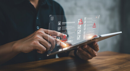 Person using tablet with checklist showing warnings and errors for assessment process
