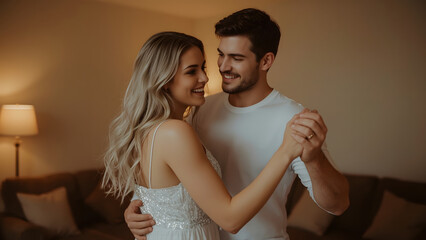 A joyful Caucasian couple, the husband with short, dark brown hair and bright blue eyes, and the wife with long, curly blonde hair and warm, gentle brown eyes, share a romantic dance in the comfort 