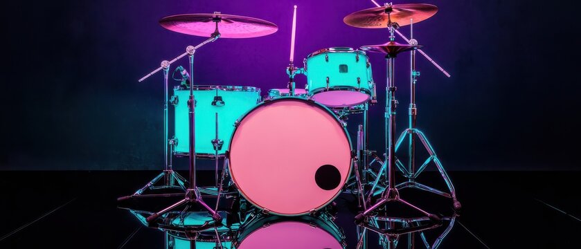 A colorful drum set with turquoise drums and a pink bass drum head stands on a reflective surface against a dark purple background.