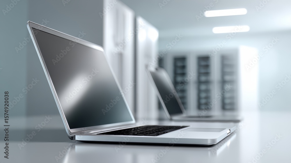 Aufkleber two laptops are on a table in a room. the laptops are open and facing the camera. the room is empty 