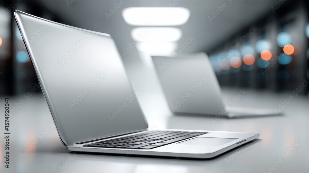 Poster two laptops are placed on a table, one of which is open. the other is closed. the scene is set in a 
