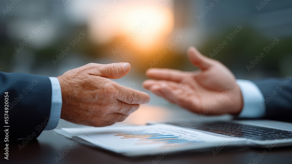 Poster two men are shaking hands while looking at a laptop. the laptop has a spreadsheet open with graphs o
