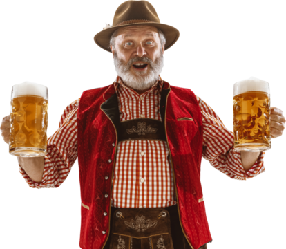 Excited senior man in traditional Bavarian costume holding two large beer mugs celebrating Oktoberfest. Concept of folk traditions for beer ad, Bavarian culture, brewery promotion, festive lifestyle.