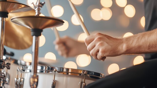 Close-up of hands playing a drum set with drumsticks, blurred lights in the background creating a warm, vibrant atmosphere. - Powered by Adobe