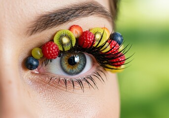 Fruity Eyelashes: Creative Close-Up of an Eye Adorned with Miniature Fresh Fruits as Eyelashes, Symbolizing Healthy Beauty, Artistic Makeup, and Vibrant Nature Concepts.
