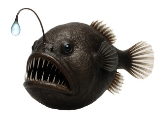 Deep-sea anglerfish with globular body and glowing esca at the tip of its modified dorsal fin