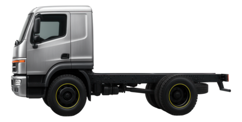 Cab-over-engine chassis truck with exposed frame rails and dual rear wheels