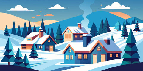 Charming winter village illustration with snow covered houses and evergreen trees minimalist landscape