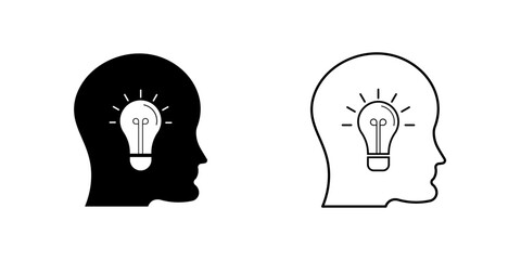 Human Head with Light Bulb Idea and Innovation Concept in Solid and Outline Styles Vector Illustration