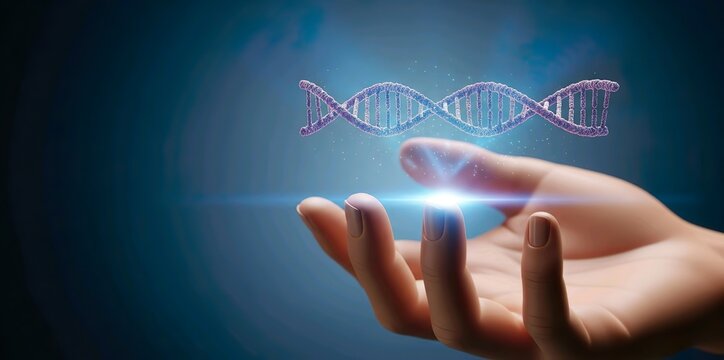 DNA in hand on blue background