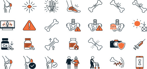 Medical line icon set. Vector pictograms of arthritis, osteoporosis, pain, injury, inflammation, injection, diagnosis, prevention, healthcare, calcium supplement, skeleton, thin linear illustration.