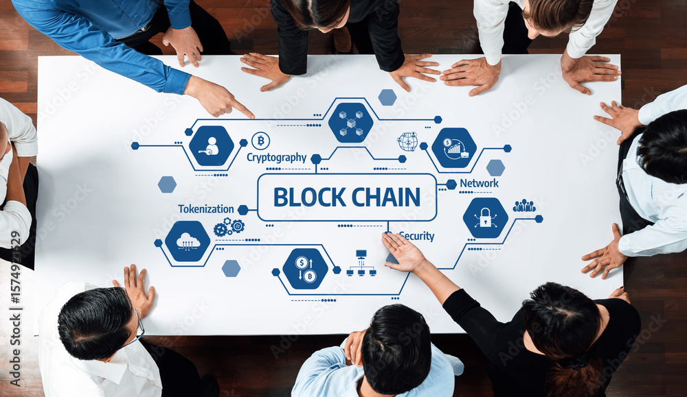 Poster a diverse team gathered around a table discussing key concepts in blockchain technology including se