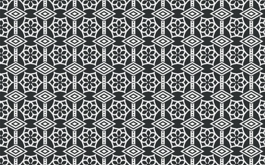 Black monochrome seamless pattern. Geometric floral background of Art Deco style for wallpaper, upholstery, or textiles like curtains and cushions.