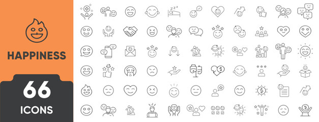 Happiness Line Icon Set. Set of 66 outline icons including smile, joy, celebration, peace, love, gratitude, and positivity. Editable stroke. Linear vector illustration.