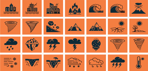 Natural disaster line icon set. Vector pictograms of extreme weather, environmental catastrophes, earthquake, wildfire, tsunami, hurricane, tornado, volcanic eruption thin linear illustration