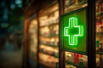 Green pharmacy cross sign illuminating window display at night