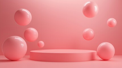 Coral Pink Display Stage with Floating Pastel Spheres and Clean Background.
