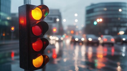Urban traffic lights in a rainy city. Blurred cars and buildings in the background during a downpour