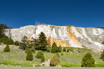 Scenic landscape view of Mammoth Hot Springs in Yellowstone National Park