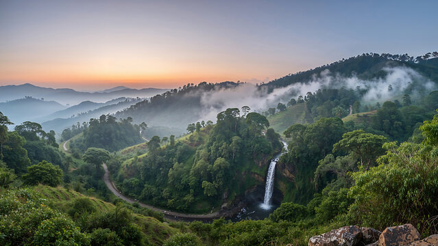 Panoramic dawn view of Haflong hills with terraced slopes, misty valleys, and a waterfall flowing through lush forests under a soft pastel sky&mdash;serene and high-definition.