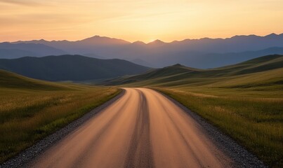 Fototapeta premium Empty old paved road in mountain area at sunset with vibrant colors and a serene atmosphere