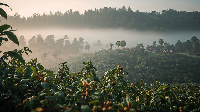 Serene dawn scene of a misty coffee plantation in Daringbadi with glistening leaves, pine forest backdrop, rustic huts, and soft warm light&mdash;ideal for high-res commercial use.