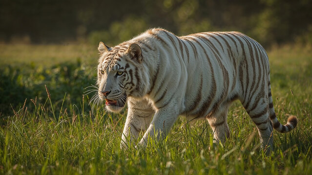 Close-up golden-hour shot of a rare white tiger at Nandankanan, with glowing fur, piercing blue eyes, and lush green grass&mdash;high-res, serene, and strikingly detailed.