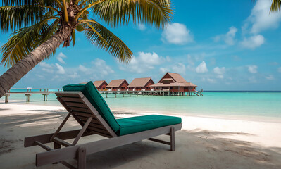 Obraz premium Solitary wooden sun lounger on a sandy beach overlooking a turquoise sea and villas